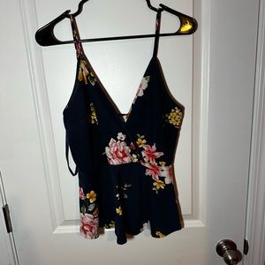 Navy and floral v neck spaghetti strap blouse shirt